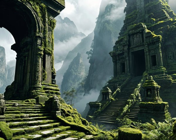 Ancient Ruins Surrounded by Lush Greenery and Mist
