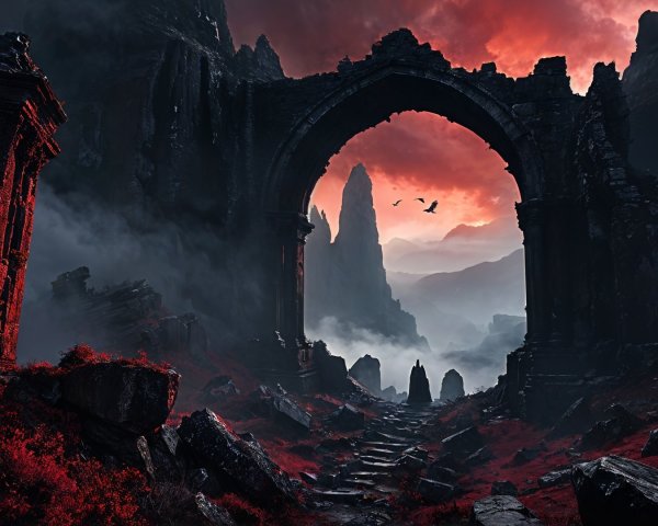 Dramatic Landscape with Ruined Archway and Mist