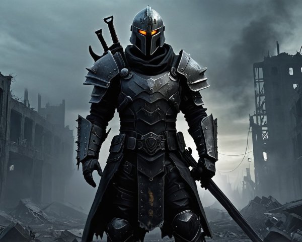 Dark Knight in War-Torn Landscape with Sword