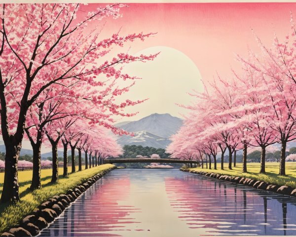 Cherry Blossom Trees by a Tranquil River Landscape