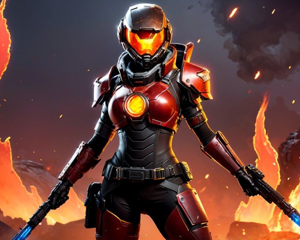 Futuristic warrior in armored suit with high-tech weapons