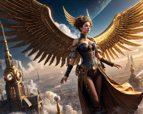 Majestic figure with golden wings over steampunk city