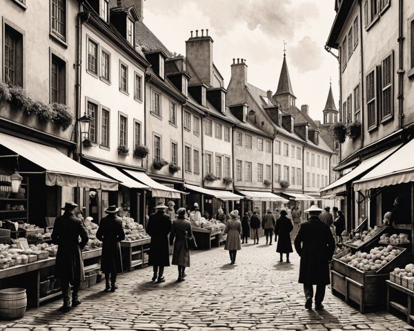 Historic marketplace with vendors and charming buildings