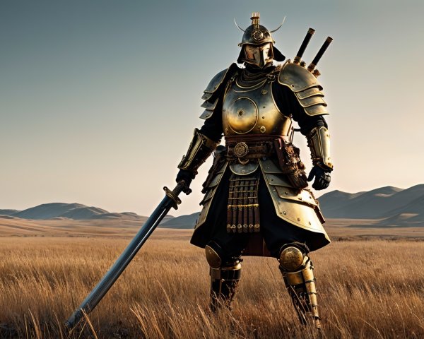 Armored Warrior in Golden Grassland Under Sunlight