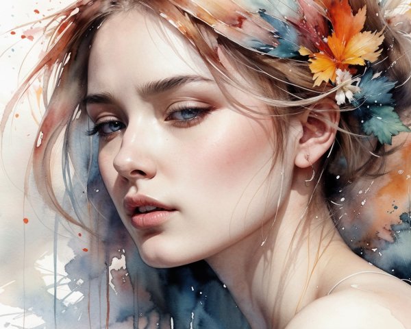 Watercolor Portrait of Woman with Autumn Leaves