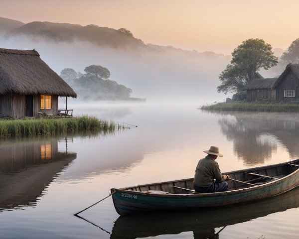 Misty Lake Scene with Fisherman and Cottages