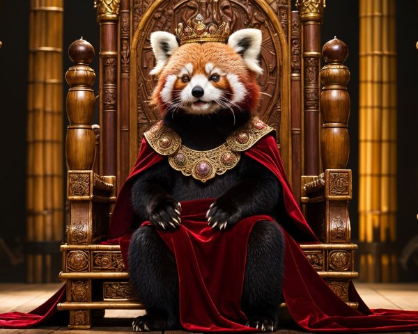Red panda on ornate throne with luxurious cape and crown