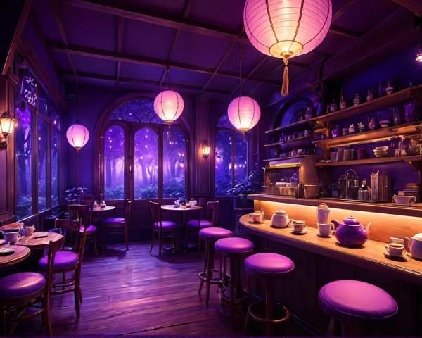 Serene café with purple decor and twilight forest view