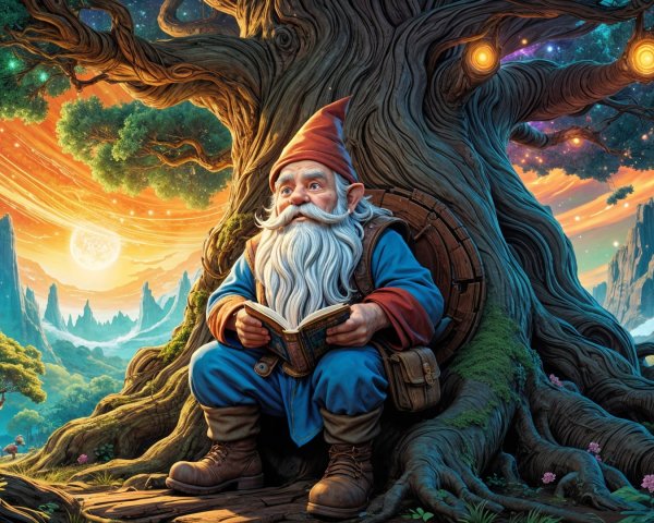 Gnome Reading Under Ancient Tree at Sunset