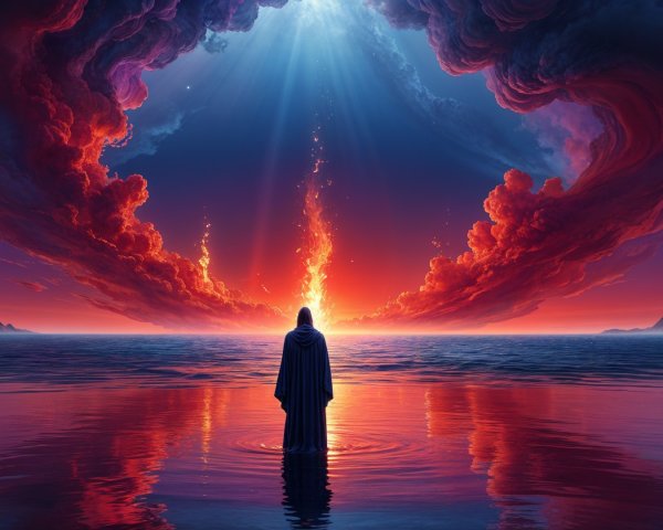 Figure in Shallow Water Against Vibrant Horizon