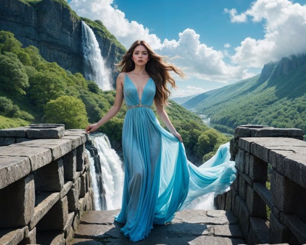 Young Woman in Blue Gown by Waterfalls and Hills