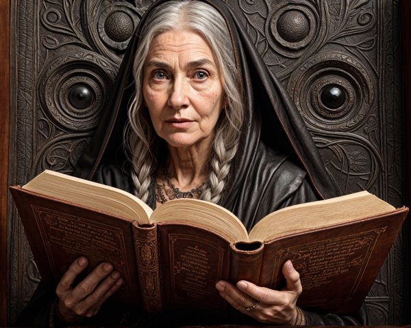 Elderly Woman in Cloak Reading Ancient Book on Throne