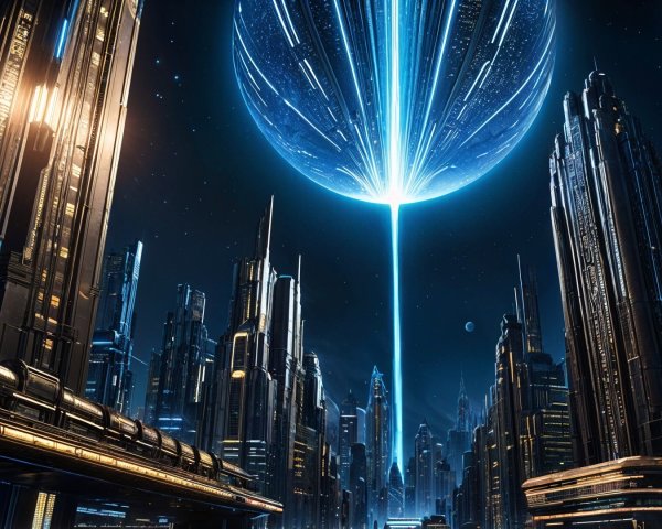 Futuristic cityscape with skyscrapers and celestial light
