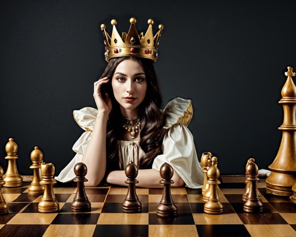 Regal Woman at Chessboard with Elegant Attire