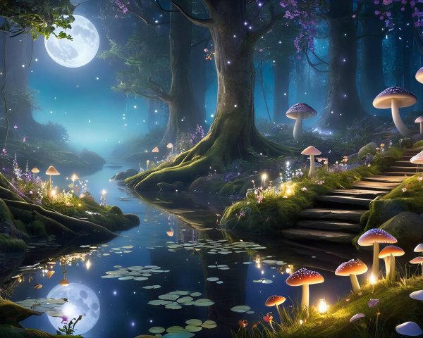 Bioluminescent Forest Scene with Glowing Mushrooms