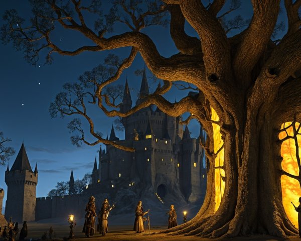 Ancient Tree and Castle in a Mystical Landscape