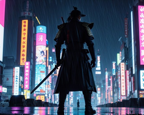 Samurai in Rainy Neon City with Traditional Armor
