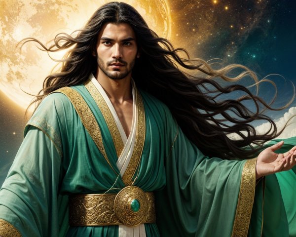 Majestic Figure in Ornate Robe Against Celestial Moon
