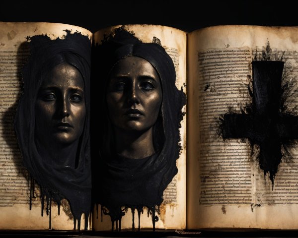 Ancient Book with Sculpted Faces and Dark Imagery