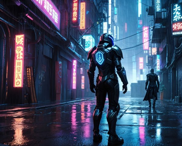 Futuristic Cityscape with Neon Alleyway Figures