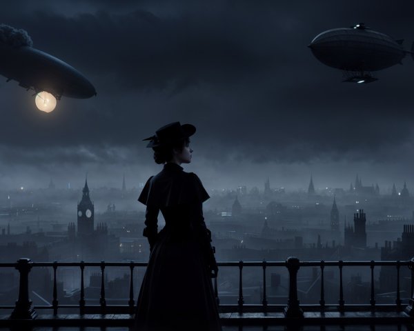 Victorian Woman on Rooftop Overlooking Steampunk City