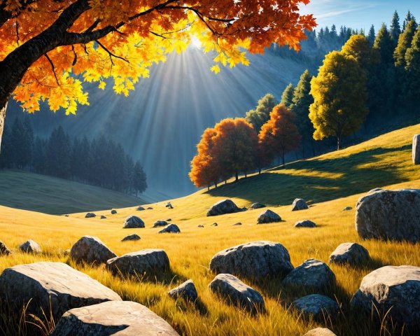 Serene Autumn Landscape with Vibrant Trees and Sunlight