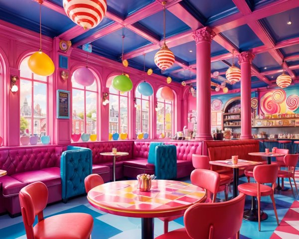 Vibrant Candy-Themed Café with Colorful Decor
