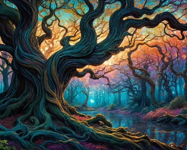 Enchanted forest with twisted trees and vibrant leaves