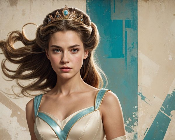 Young woman in elegant teal-accented gown and crown
