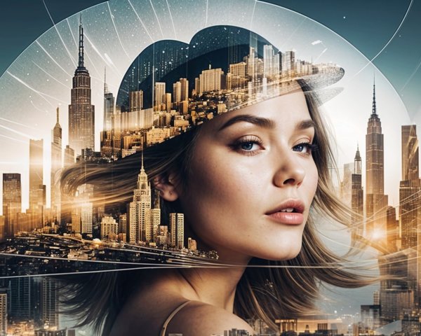 Young Woman Silhouette Over Cityscape with Light Rays