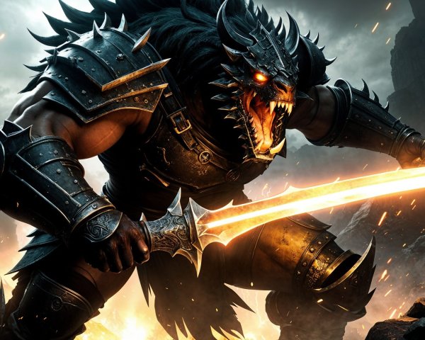 Muscular Warrior with Wolf Head in Chaotic Battlefield