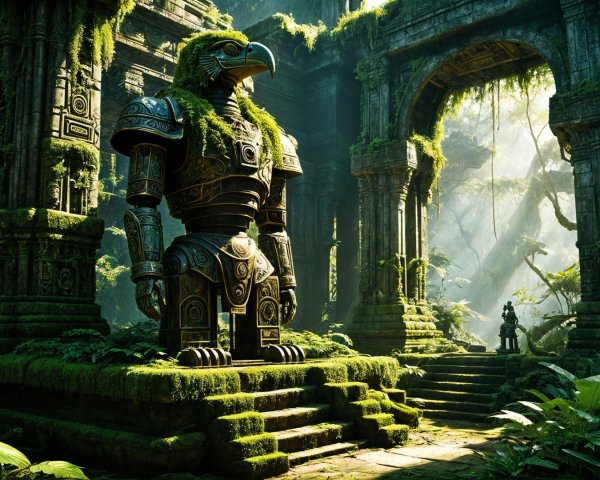 Robotic Figure in Ancient Overgrown Temple Scene