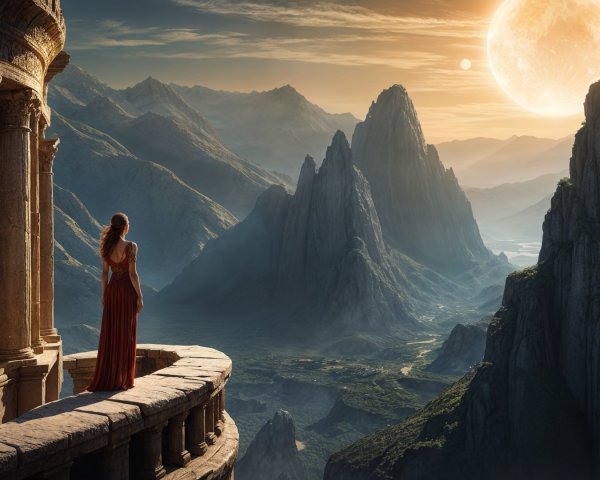 Figure in Red Gown on Balcony with Mountain View
