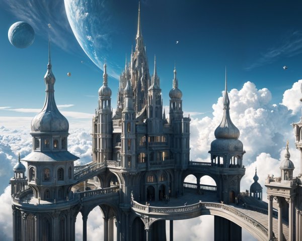 Ethereal castle above clouds with intricate architecture