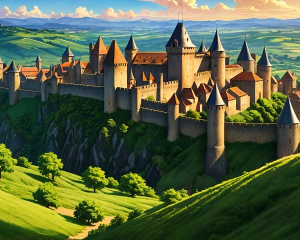 Majestic medieval castle on a green hill landscape