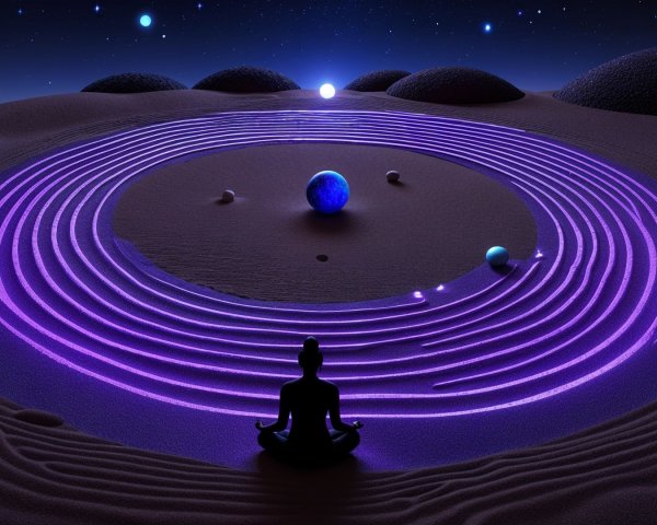 Desert Meditation Scene with Celestial Bodies and Dunes
