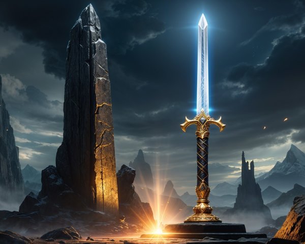 Radiant Sword in Mystical Landscape with Monoliths