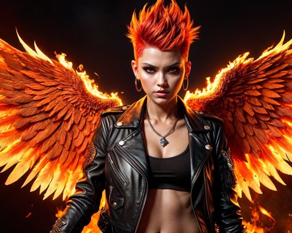 Fierce individual with red spiky hair and fiery wings