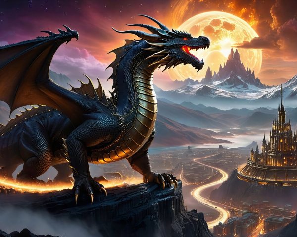 Majestic Black Dragon on Cliff with Orange Moon