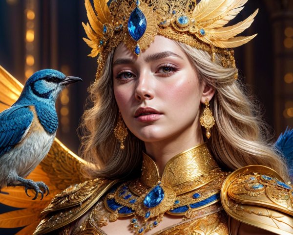 Regal figure in golden armor with a bluebird companion