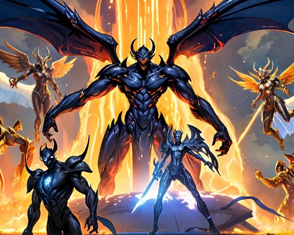Fantasy Scene with Dark Figure and Ethereal Beings