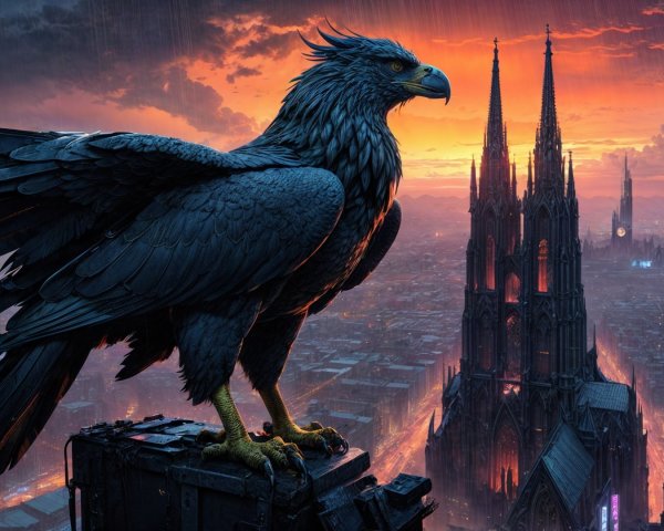 Black Eagle on Stone Ledge with Gothic Spires at Sunset
