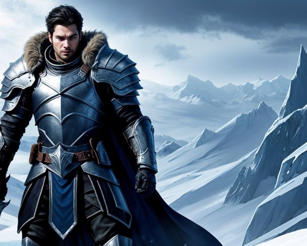 Warrior in Silver Armor on Snowy Landscape