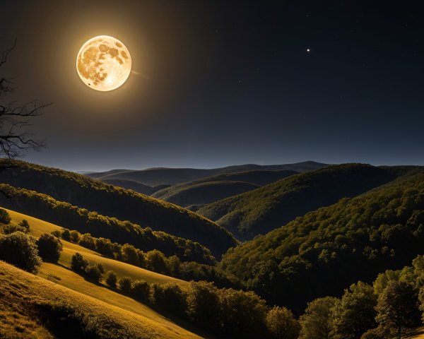 Serene Night Landscape with Moonlit Rolling Hills