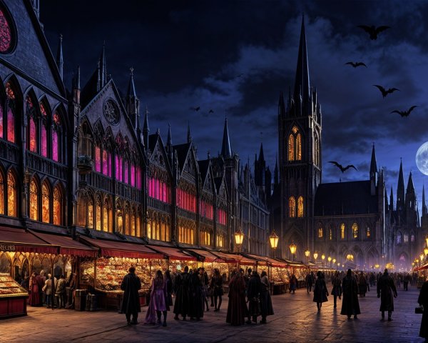Medieval Night Market with Gothic Architecture and Bats