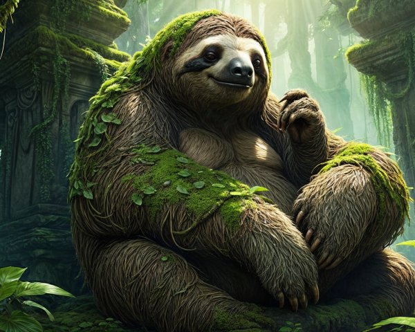 Sloth Among Ancient Jungle Ruins and Lush Vegetation