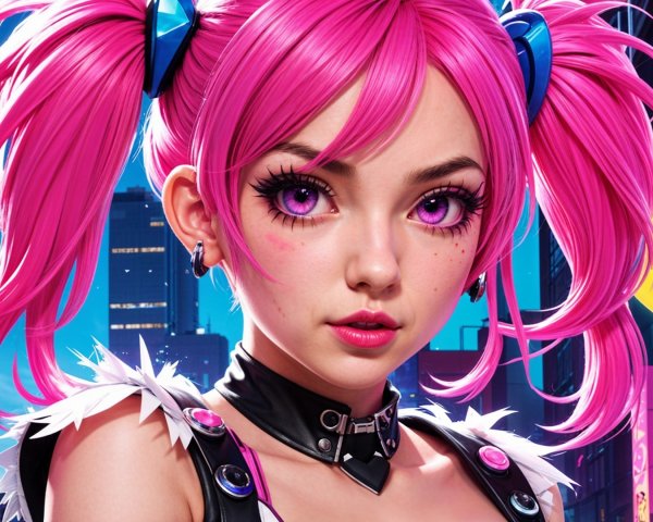 Vibrant Character with Pink Hair in Futuristic City