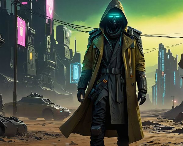 Cyberpunk Scene of Masked Man in Apocalyptic City