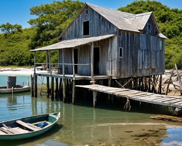 Weathered Wooden House on Stilts by Calm Waters