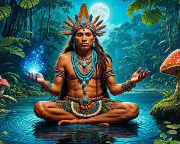 Serene figure on calm waters with glowing blue orbs